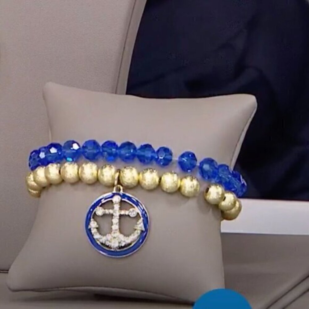 HEIDI DAUS "Anchors Away" Crystal/Enamel Bead Stretch Bracelet Set BLUE Small